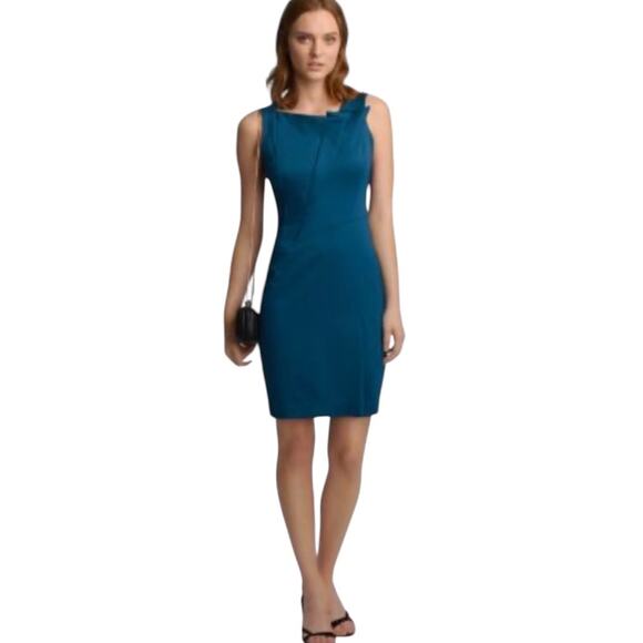 Halston Heritage Sleeveless Folded Neckline Teal Blue Lined Sheath Dress Size 2 - Picture 1 of 8